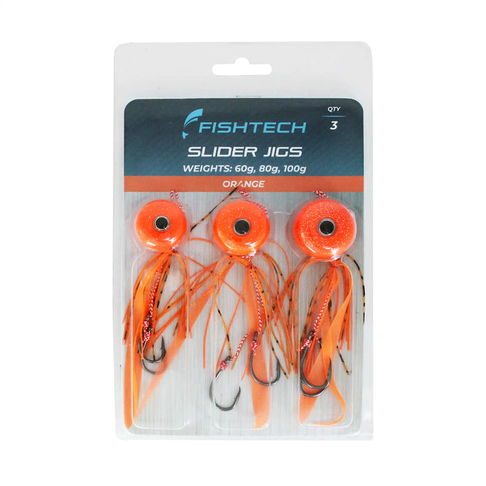 Fishtech Slider Jigs Value 3-Pack Orange in Packaging, with skirts and hooks for catching Snapper