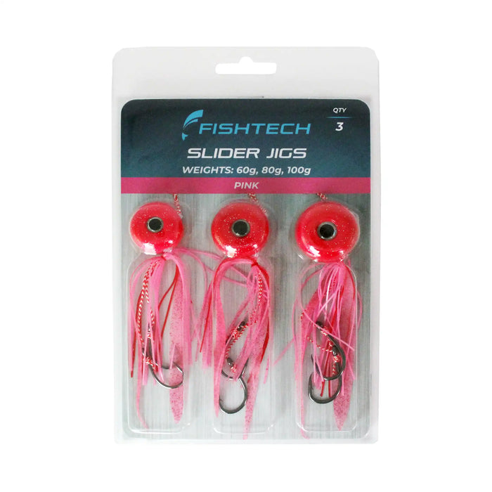 Fishtech Slider Jigs Value 3-Pack Pink in Packaging, with skirts and hooks for catching Snapper