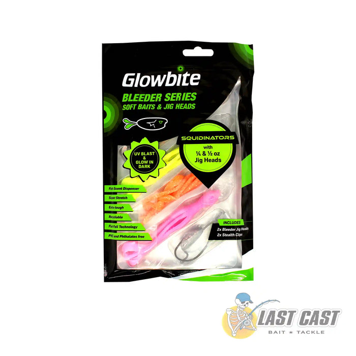 Glowbite Bleeder Series Soft Baits and Jig Heads Squidinator in Packaging