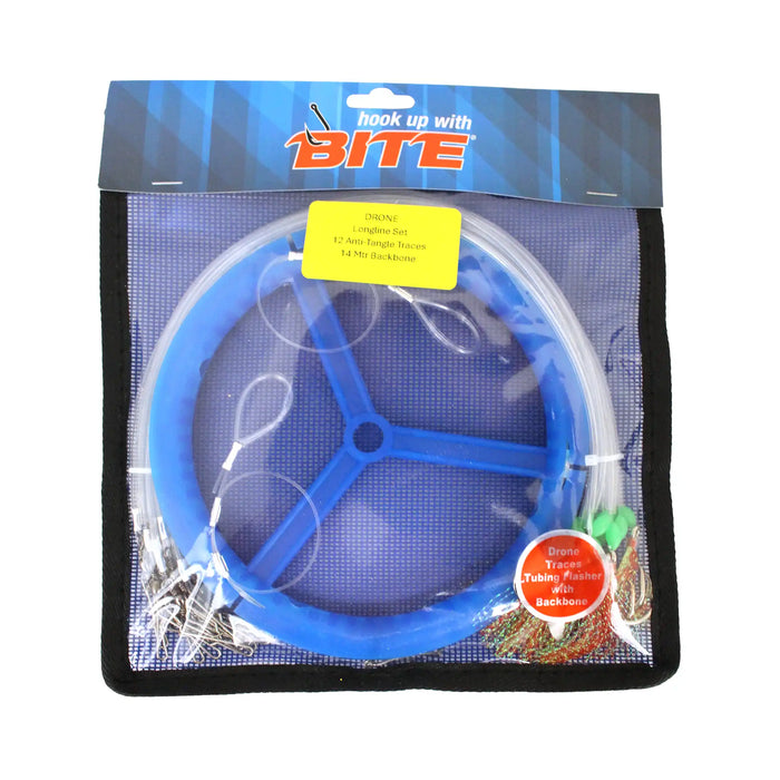 Bite Drone Longline Set Traces with Backbone and Hand Reel Flasher Tubing in Mesh Storage Bag