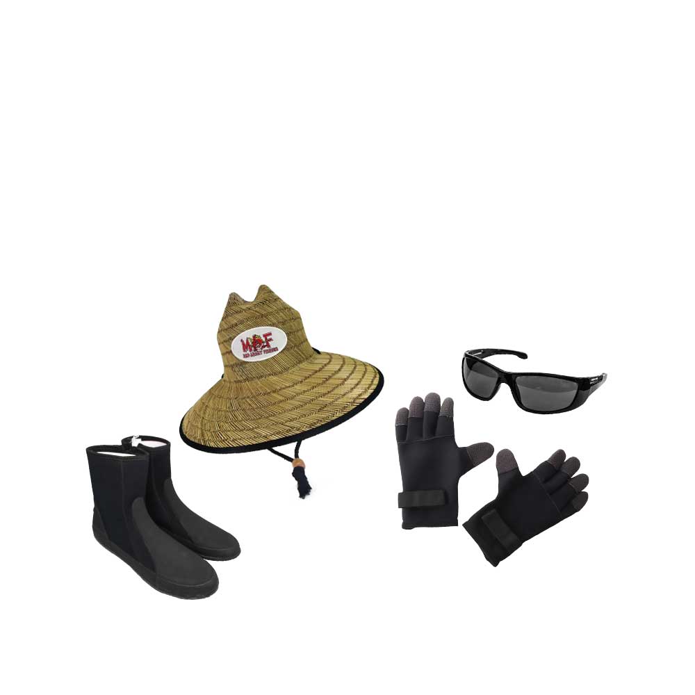 Set of sun protection items including a hat, sunglasses, socks, and gloves on a white background.