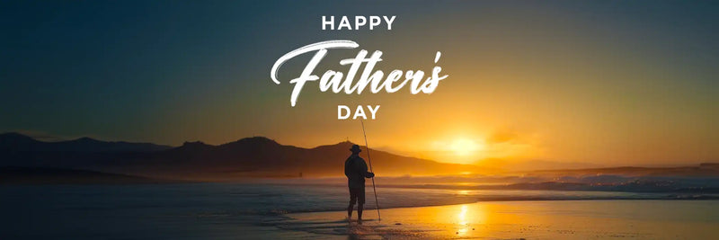 Man standing on a beach with 'Happy Father's Day' text at sunset