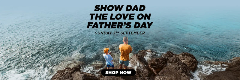 Two people standing on rocks by the ocean with text promoting Father's Day shopping.