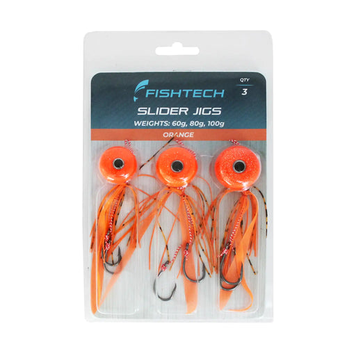Fishtech Slider Jigs Value 3-Pack Orange in Packaging, with skirts and hooks for catching Snapper
