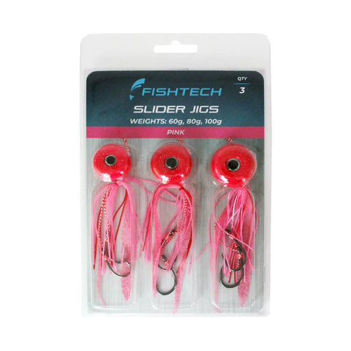 Fishtech Slider Jigs Value 3-Pack Pink in Packaging, with skirts and hooks for catching Snapper