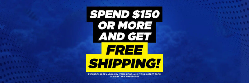 Promotional banner with text 'Spend $150 or more and get free shipping!' on a blue background.