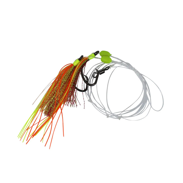 A fishing jig lure with a 5/0 hook, a bright lime green glow in the dark bead, a skirt made of orange, red, and yellow-brown strands, and a coiled clear line.