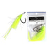 A packaged set of Hawkes Bay Slayers Gurnard Slayer Flasher Hooks 4/0 shown next to an individual hook with a neon yellow-green skirt and black hook on a white background.