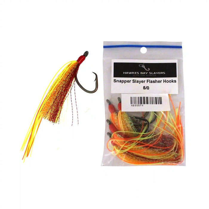 A package of Hawkins Bay Slayers Snapper Slayer Flasher Hooks 8/0 next to a single hook with a yellow, orange, and red skirt.