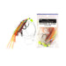 A packaged pair of fishing hooks labeled 'KAHAWAI SLAYER 2X 40 HOOKS' next to one loose hook. The hook has a clear soft body, orange and red body strands, neon yellow beads, and dark treble hooks on a white background.