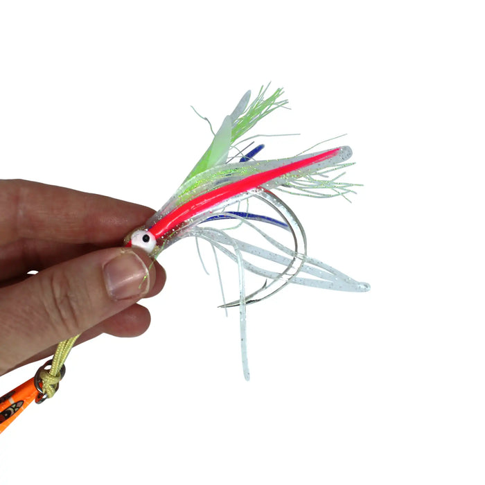 JC Jigs Electric Koheru Rattle Jigs 200g Orange Closeup Held in Hand