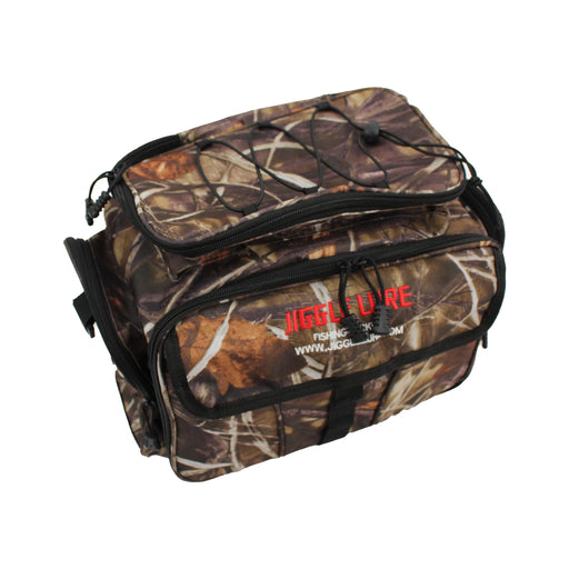 Jiggle Lure Camo Fishing Tackle Hunting Bag Backpack Front Top Right Angle