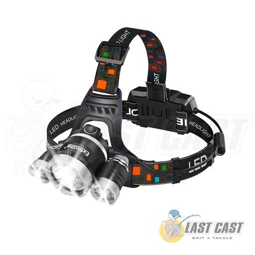Last Cast High Power 3 Led Rechargeable Headlamp Angle Left Light On