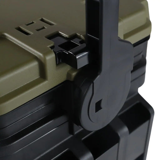 Close-up of Meiho Tackle Box Versus VS-7055N with Black Handle and Green Lid