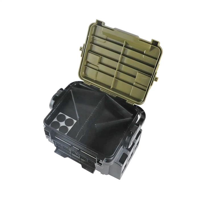 Black and green Meiho Tackle Box Versus VS-7055N with open lid