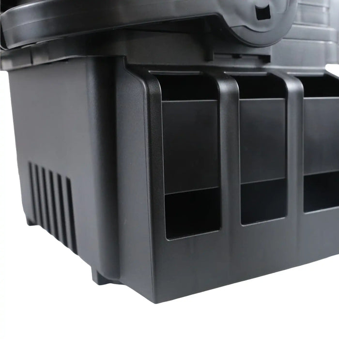 Close-up of black Meiho Tackle Box Versus VS-7055N with multiple compartments