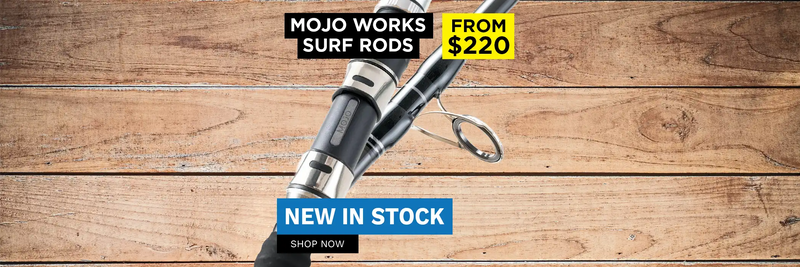 Surf rod on a wooden surface with promotional text for Mojo Works surf rods.
