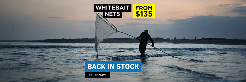 Person fishing with a whitebait net in the water, with promotional text overlay.