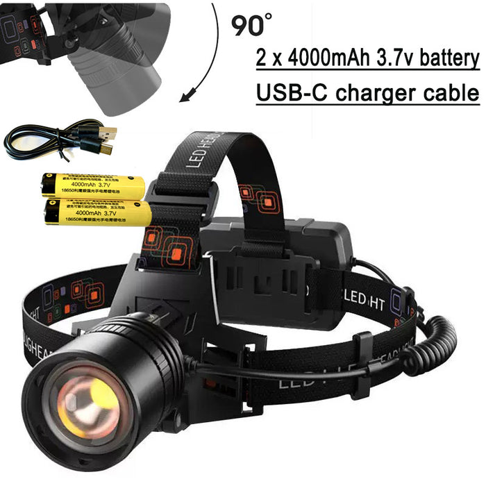 Jiggle Lure - Alloy rechargeable LED head lamp with 2 rechargeable 4000mAh battery