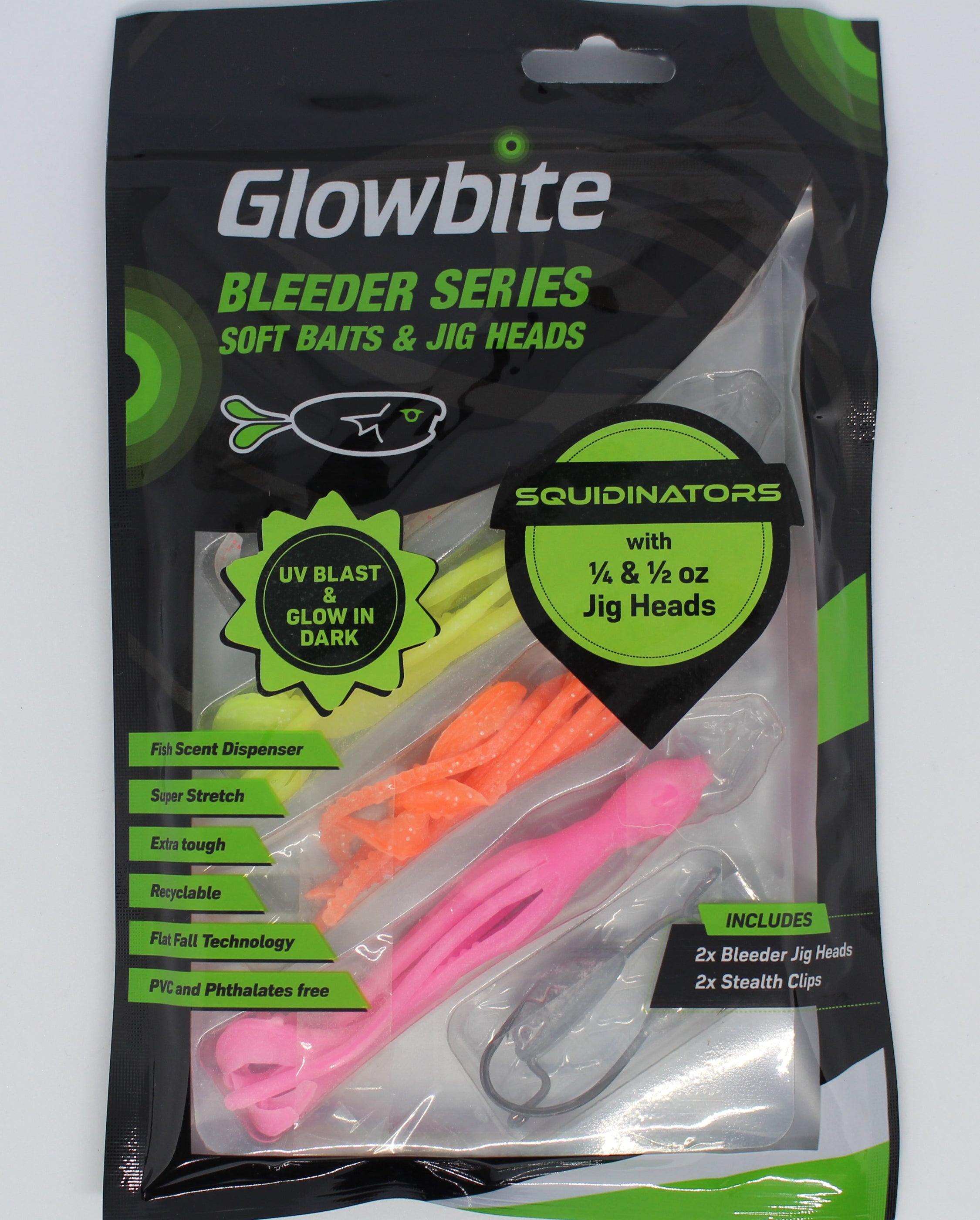 GLOWBITE BLEEDER SERIES SOFT BAITS & JIG HEADS SQUIDINATORS — Last Cast Bait and Tackle
